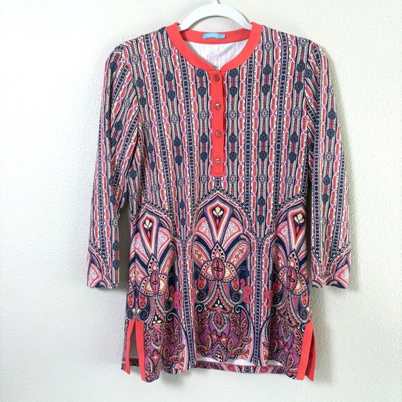 J McLaughlin Tops - J McLaughlin Tunic Top Size S Coral Navy Paisley 3/4 Sleeve Catalina Cloth